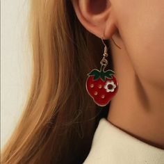 This Pair Of Fruit And Floral Earrings Is A Wonderful Addition To Your Wardrobe And Your Style! This Unique Pair Is Sure To Get Lots Of Compliments! Red Metal Earrings For Summer, Red Flower Shaped Jewelry For Summer, Red Flower-shaped Jewelry For Summer, Summer Red Flower-shaped Jewelry, Cute Drop Earrings For Mother's Day, Cute Single Earring Jewelry For Valentine's Day, Cute Flower Jewelry For Party, Cute Single Earring For Valentine's Day, Cute Red Flower Jewelry