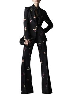 Floral Pant Suit - Notched Collar Women Trouser Suit - Pantsuit - Guocali Elegant Floral Print Long-sleeved Suits, Elegant Long Sleeve Suits With Floral Print, Spring Evening Suits With Notch Lapel, Tailored Spring Trousers Sets, Tailored Trousers Sets For Spring, Black Straight Pants Set For Spring, Elegant Black Blazer With Floral Print, Black Spring Sets With Straight Pants, Elegant Black Floral Print Blazer