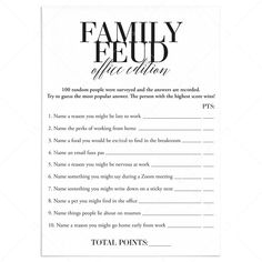 a black and white poster with the words family feud written in cursive writing