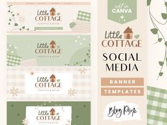 four different social media banners with green and pink flowers on them, one for the little cottage