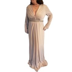 Jersey Dress With Sequin Belt B35 Beige V-neck Maxi Dress For Cocktail, Elegant Beige Empire Waist Maxi Dress, Elegant Beige Maxi Dress With Empire Waist, Chic Beige Floor-length Evening Dress, Beige V-neck Evening Dress For Formal Occasions, Beige Maxi Length Cocktail Dress, Chic Beige Maxi Dress For Gala, Beige Floor-length Maxi Dress For Cocktail, Elegant Beige Maxi Dress For Evening