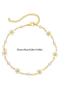 Enhance your summer look with this elegant Gold Daisy & Pearl Chain Anklet. Delicate gold chain with dainty daisies and lustrous pearls brings a touch of nature to your ankle. Perfect for strolling on the beach or dressing up for a special occasion. Elevate your style with this charming anklet. Spring Gold Anklets For The Beach, Elegant Yellow Gold Chain Anklets, Elegant Gold Anklets With Heart Charm, Gold Butterfly Anklet, Elegant Anklet, Adjustable Gold-plated Anklets, Urban Jewelry, Skirts Jeans, Ruffle Wedding Dress