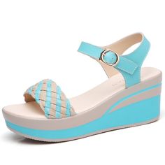 Brand Name: muhuisenUpper Material: GENUINE LEATHERHeel Height: High (5cm-8cm)With Platforms: YesPlatform Height: 3-5cmOccasion: DressSandal Type: BasicHeel Type: WedgesLining Material: PUSide Vamp Type: OpenOutsole Material: RubberClosure Type: Buckle StrapFit: Fits true to size, take your normal sizeBack Counter Type: Back StrapFashion Element: BuckleStyle: FashionModel Number: 8400Pattern Type: Mixed ColorsInsole Material: PUwhite blue: Cow split leather Blue Cow, Platform Flip Flops, Sandals Wedge, Leather Shoes Woman, Up Shoes, Blue Shoes, Wedge Heels, Wedge Sandals, Fashion Models