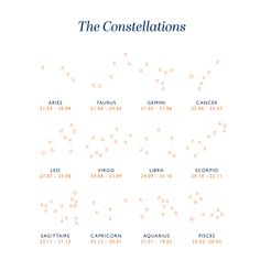 the constellations are written in orange and blue on a white background with zodiac numbers