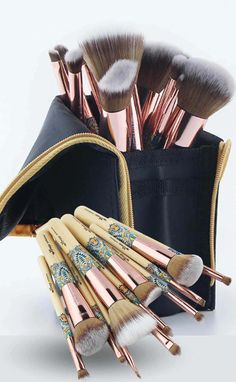 Makeup Brush Set - Vegan Cruelty-Free - 12 Brushes with Stylish Black Pouch - A.A.Y FASHION Kabuki Makeup Brushes With Cover, Ecotools Makeup Mixer, Brush Set Ulta, Makeup Brushes Sets, Wooden Makeup Brush Set, Best Cheap Makeup Brushes, Bamboo Makeup Brushes, Black Pouch, Makeup Brush Set Professional