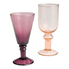 two glass vases sitting next to each other on a white background, one pink and the other purple