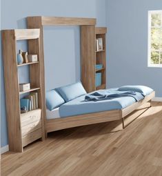 a bedroom with blue walls and wooden furniture in the corner, including an open bookcase