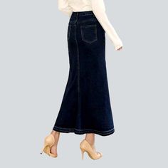 Make a statement this season with our Contrast Stitching Peplum Jeans Skirt. Y2K style from our 2023 Autumn Collection. An exquisite combination of vintage chic and modern fashion. this high-waist. long skirt features a zipper and button closure. dark wash denim and contrast stitching in a bold. retro-inspired peplum silhouette.Distinctive Features: Y2K Style: Make a statement with this vintage-inspired. Y2K-style skirt that will take you back to the 2000s in style. Dark Wash Denim: Crafted from Chic Stretch Denim Blue Skirt, Chic Stretch High Rise Skirt, Chic Denim Blue Skirt, Chic Lined Denim Skirt, Chic Denim Blue Mini Skirt, Fall Denim Flared Skirt, Denim Flared Skirt For Fall, Chic Denim Blue Skirt With Pockets, Chic Flared Denim Skirt With Lining