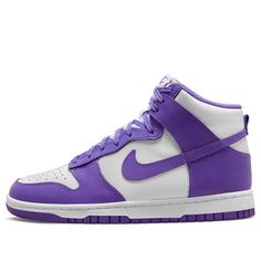 The Nike Dunk High 'Court Purple' is a stylish sneaker with a white leather base and a court purple covering layer, Swooshes, laces, tongue label, insoles and a rubber sole. The two-tone design is completed with a white nylon tongue and midsole. Perfect for any casual or streetwear look, this sneaker is inspired by the classic Nike Dunk series. With its comfortable fit and sleek design, the Nike Dunk High 'Court Purple' is a must-have for any sneakerhead. (SNKR/Skate/Mid Top/Women's/Non-Slip/Wear-resistant) Sporty Purple High-top Sneakers With Contrast Sole, Purple Leather Lace-up Custom Sneakers, Purple Sneakers With Rubber Sole For Streetwear, Purple Leather Sneakers With Rubber Sole, Sporty Purple Skate Shoes With Boost Midsole, Purple Low-top Sneakers With Rubber Sole, Purple Low-top Sneakers With Contrast Sole, Low-top Purple Sneakers With Contrast Sole, Purple Leather Sporty Sneakers