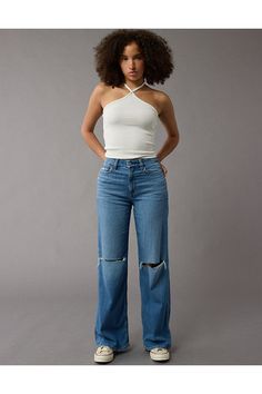 Dreamy, drapey stretch fabric/Soft & lightweight/Medium wash Casual High Rise 4-way Stretch Jeans, Casual High Rise Jeans With 4-way Stretch, Casual High-rise Jeans With 4-way Stretch, Light Wash Wide Leg Jeans Outfit, Wode Leg Jeans, Virgin Aesthetic, Wide Leg Jeans Outfit, Curvy Jeans, American Eagle Jeans