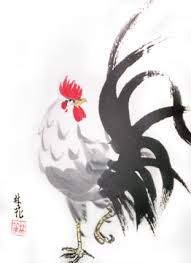 a rooster is standing in front of a white background with chinese writing on the bottom