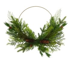 a green wreath with pine cones and evergreen needles on it, hanging from a gold hoop