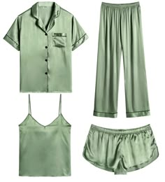 PRICES MAY VARY. 【Premium Material】--- This 4 piece pajama set is made of high-quality satin(95% Polyester, 5% Spandex), which is very soft, lightweight, and comfortable. This lightweight pajama set has a silky texture that will make you feel smooth and shiny, never pilling or fading, and help you sleep well, dreamlike. 【4Pcs Pajama Set】--- Women 4 pcs pjs sets include spaghetti strap cami top, a button-down short sleeve sleepshirt, a pair of shorts, a pair of long pants. This four-piece sets fo Bridal Sleepwear, Satin Pjs, Bridesmaid Pyjamas, Cute Pajama Sets, Satin Sleepwear, Pajamas Sets, Button Down Short Sleeve, Cute Pajamas, Satin Pyjama Set