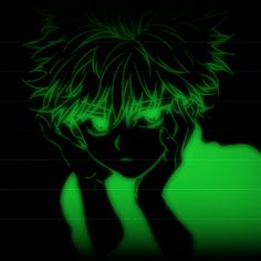 an anime character with green eyes and short hair in the dark, holding his hand to his face