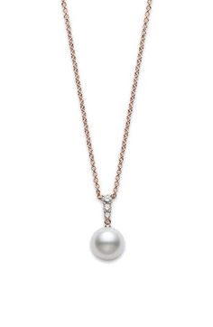 Akoya pearls and diamonds are paired to reference morning's glistening dew drops in this gorgeous and timeless necklace crafted in 18-karat rose gold. 16" length; 2" extender; 1/4"W x 5/8"L pendant Pearl size: 8-8.5mm Total diamond weight: 0.12ct. 18k rose gold/diamond/cultured Akoya pearl Made in the USA of imported materials >Diamond Guide Asian Owned Elegant Rose Gold Pearl Necklace, Elegant Diamond Necklace With Pearl Drop, Rose Gold Akoya Pearl Drop Necklace, Rose Gold Akoya Pearl Necklaces With Pearl Drop, Classic Rose Gold Pearl Pendant Necklace, Elegant Rose Gold Necklace With Pearl Drop, Elegant Rose Gold Necklace With Pearl Charm, Elegant Rose Gold Pearl Chain Necklace, Formal Rose Gold Necklace With Pearl Pendant