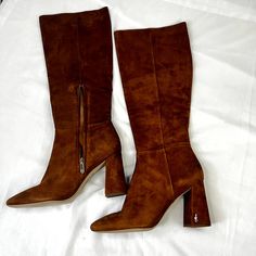 100% Leather Man Made Sole Sam Edelman Fashion Boot 100% Leather Knee High Boot Zipper Closure Providing Easy Wearability. Heel Height: 3.25 Inches High Heel Boots For Work, Suede Knee-high Boots With Round Toe, Suede Snip Toe Boots For Work, Medium Width Suede Knee-high Boots With Round Toe, Fall Snip Toe Heels With Stacked Heel, Formal Suede Snip Toe Heeled Boots, Suede Snip Toe Heeled Boots For Fall, Suede Heeled Boots With Medium Width And Pointed Toe, Fall Suede Heeled Boots With Almond Toe