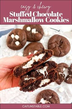 chocolate marshmallow cookies are stacked on top of each other