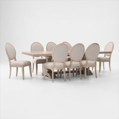 a table and eight chairs are arranged in a row