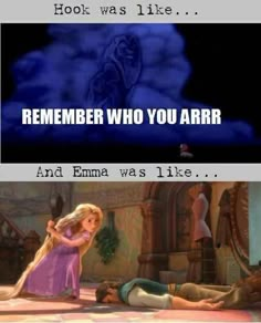 an image of rapp and princess rapp from tangled in time with caption that reads, hoot was like remember who you are