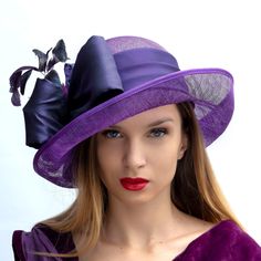 Gorgeous wide brim hat for Kentucky derby or Royal Ascot, made of high quality purple sinamey with an amazing decoration of dark purple organzabows and feaether flowers. The wide asymmetric brim make it really special and suits almost all face types. The hat is hand blocked on a wooden block and hand stitched to perfection at Irina Sardareva millinery atelier. It is great to wear on Derby races, Royal Ascot, Cocktail parties, Weddings, Tea parties, etc. This hat is available is available size 57 - 22 1/4' . Other colors / sizes can be made in 5 working days. you can see same shape in pink on the last picture. All deliveries are made by TNT or FedEx so it is SAFE & QUICK. ( shipping cost you can see at the Shipping policy page) Thank you buying or watching and do not forget to favorite it i Kentucky Derby Tea Party, Navy Fascinator, Cup Hat, Elegant Hat, Face Types, Kentucky Derby Fascinator, Royal Ascot Hats, Derby Fascinator, Ascot Hats