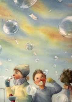 two children are blowing bubbles in the sky