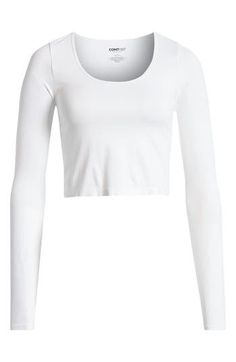 Bare a bit of belly in a crop top designed for a seam-free smoothness. 15 1/2" length (size Medium) Scoop neck Long sleeves 94% polyamide, 6% elastane Machine wash, tumble dry Imported Casual Seamless Scoop Neck Crop Top, Basic Cropped Elastane Tops, Elastane Stretch Crop Top With Scoop Neck, Stretch Elastane Scoop Neck Crop Top, Stretch Elastane Crop Top With Scoop Neck, Solid Long Sleeve Seamless Crop Top, Solid Long Sleeve Crop Top With Seamless Construction, Seamless Scoop Neck Elastane Crop Top, Seamless Long Sleeve Crop Top