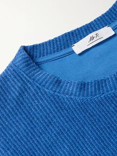 DESIGNED BY MR PORTER. Mr. P's T-shirt adds interest to your outfits with its texture and vibrant colourway. It's knitted from cotton with a plush feel and is designed with a classic crew neckline. Blue Cotton T-shirt With Ribbed Cuffs, Casual Crew Neck T-shirt With Knit Fabrication, Blue Cotton Sweater With Ribbed Neckline, Blue Cotton Textured Knit Sweater, Blue Textured Knit Cotton Sweater, Cotton Crew Neck Knit Sweater, Blue Cotton Knit Sweater, Sporty Blue Top With Ribbed Neckline, Blue Cotton Sweatshirt With Ribbed Neckline