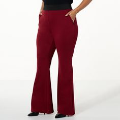 DG2 by Diane Gilman Ponte Knit Pull-On High Rise Flare Pant  Low maintenance, high fashion. Made from a soft, stretch ponte structured knit fabric, these flattering, flared bootcut pants� bring effortless sophistication to your wardrobe. Fitted Burgundy Pants For Work, High Stretch Solid Color Pants For Fall, High Stretch Solid Pants For Fall, Fitted Wide Leg Burgundy Pants, Fitted Full-length Dress Pants For Winter, Burgundy Fitted Wide Leg Pants, Winter Stretch Full Length Dress Pants, Chic Stretch Burgundy Bottoms, Chic Stretch Burgundy Pants