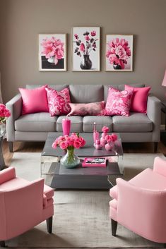 20 Grey and Pink Living Room – The Crafty Hacks Pink Grey And White Living Room, Cozy Glam Living Room, Pink Feature Wall, Grey Striped Walls, Mismatched Living Room Furniture, Gray Living Room Ideas