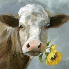 a painting of a cow with a flower in its mouth