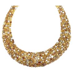 Oscar Heyman gold platinum fancy color diamond necklace 95 cut corner square diamonds of 13.47 carats, 21 princess cut diamonds of 2.60 carats, 36 square diamonds of 2.93 carats, 571 assorted shapes fancy color diamonds of 121.15 carats, and 127 Swiss cut orange/yellow fancy color diamonds of 4 carats; marked OHB, 18k, plat, 601955 Size: width 1.25 inch (thickest part), inner circumference 16 inches Total weight: 164.1 grams Comes in original box Purchased in 2014 for $620,000 Yellow Gold Diamond Necklace, 1stdibs Jewelry, Chloe 2024, Retro Bracelet, Unusual Jewelry, Gold Diamond Necklace, Fancy Diamonds, Square Diamond, Fancy Color Diamonds