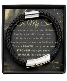 💗【BRACELET DETAILS】 ● 8.5" length 5.8mm thick. Weight 10g. ● Zinc Metal with NO engraving  ● Tube lock with N45 Magnet closure. ● Vegan braided leather ● Final product is hand polished in the USA and shipped fast to your door. Do you have a son who is always on the go? This is the perfect gift for him!This stunning Vegan Leather Men's Bracelet is the great gift to express your beloved son.  Exclusive Message Card  to let him know how much you love him【I Love you for all that you are, all that y Adjustable Bracelet With Lobster Clasp For Birthday Gift, Black Bracelet For Mother's Day Birthday Gift, Father's Day Silver Leather Bracelet Gift, Father's Day Gift Silver Leather Bracelet, Father's Day Silver Leather Bracelet, Personalized Rectangular Leather Bracelet For Gift, Father's Day Gift Adjustable Braided Bracelets, Father's Day Gift Engraved Braided Bracelets, Father's Day Gift Braided Bracelet Engraved