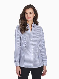 Striped Easy-Care Button-Up Shirt – Jones New York Timeless Long Sleeve Dress Shirt For Work, Timeless Workwear Shirt, Tailored Button-up Blouse For Business Casual, Classic Collared Shirt For Work, Classic Collared Workwear Shirt, Classic Tailored Tops For Office, Classic Tailored Blouse For Business Casual, Classic Tailored Office Top, Classic Tailored Office Tops