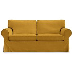 a yellow couch sitting on top of a white floor