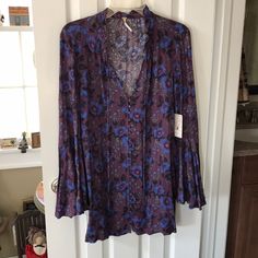 Fabric Buttons, Ruffled Collar, People Dress, Free People Dress, Free People Dresses, Blue Purple, Bell Sleeves, Blue And Purple, Long Dress