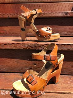 Vintage Brown Sandals With Wooden Heel, Retro Brown Clogs For Summer, Brown Retro Summer Clogs, Retro Block Heels With Buckle Closure, Retro Block Heel Heels With Buckle Closure, Vintage Brown Open Toe Clogs, Retro Closed Toe Heels With Buckle, Vintage Ankle Strap Heels With Buckle Closure, Vintage Heels With Buckle Closure And Ankle Strap