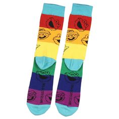 Sesame Street is the classic children's show that many of us remember with fond memories. This sock features 3 faces of the popular characters from the show Big Bird, Oscar The Grouch, and Cookie Monster on a rainbow-striped design. It is made of a super soft and stretchy 98% polyester, 2% spandex fabric blend. Playful Multicolor Cotton Socks, Multicolor Cotton Socks For Playtime, Iconic Faces, Sesame Street Characters, Oscar The Grouch, Socks For Men, Big Bird, Cookie Monster, Monster Cookies