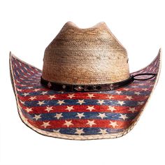 If you love this country, you'll love this Patriot hat! A straw cowboy hat with stars and stripes on the brim with a tasteful black and brown hatband. Also has silver pieces on the hatband Country Style Hat For Country Concerts, Western Style Sun Hat For Rodeo, Western Style Straw Cap For Country Events, Americana Rodeo Hat With Curved Brim, Americana Curved Brim Hat For Rodeo, Americana Style Curved Brim Hat For Rodeo, Curved Brim Hats For Country Festivals, Rodeo Straw Cap Hat, Short Brim Hats For Rodeo And Country Festivals