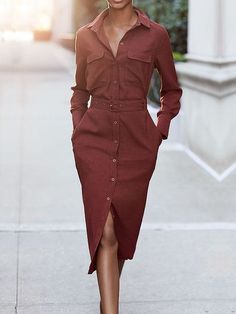 Urban Regular Fit Shirt Collar Long sleeve Dress With Belt | stylewe Plain Midi Dress, Shirt Dress With Belt, Shirt Collar Pattern, Professional Chic, Midi Dress Chic, Professional Dresses, Dress With Belt, Midi Shirt Dress, Polyester Dress