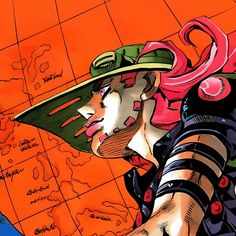 a drawing of a woman with pink hair and green hat on top of a map