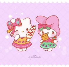 two hello kitty wallpapers one is holding a candy bar