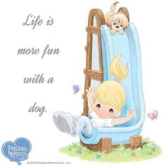 a child is sitting in a chair with a dog on it's back and the words life is more fun with a dog