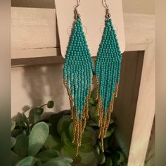 Beaded Earrings Turquoise Earrings With Beaded Fringe, Party Blue Beaded Earrings With Gold Beads, Turquoise Beaded Earrings With Dangling Beads For Festivals, Turquoise Earrings With Beaded Fringe For Beach, Festival Turquoise Beaded Fringe Earrings, Blue Earrings With Gold Beads, Turquoise Beaded Chandelier Earrings With Round Beads, Turquoise Beaded Dangle Chandelier Earrings, Turquoise Dangling Beaded Earrings