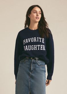 THE COLLEGIATE SWEATSHIRT Collegiate Sweatshirt, National Daughters Day, Daughters Day, Favorite Daughter, The Drop, The Class, Denim Flares, The Head, Denim Pant