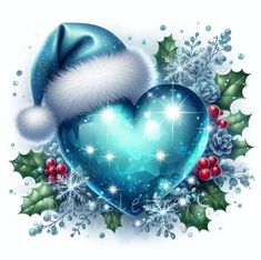 a blue heart with a santa hat and holly leaves on it, surrounded by snowflakes