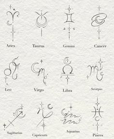 the zodiac signs are drawn on paper and have different symbols in each letter, as well as