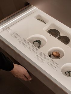 a display case with four different types of objects on it's sides and in the middle