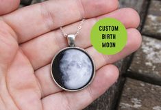 Custom Birth Moon Necklace Personalized Moon Phase Anniversary - Etsy Birth Moon, Ceramic Pendant Necklace, Birthday Pendant, Moon Phases Necklace, Anniversary Necklace, Moon Gifts, Personalized Birthday Gifts, Glass Dome, Necklace Personalized