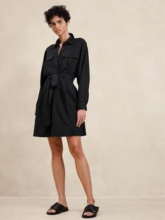 Linen-Blend Utility Mini Shirtdress | Banana Republic Factory Blazer Outfits For Women, Banana Republic Factory, Mini Shirt Dress, Fabric Belt, Blazer Outfits, Shirtdress, Linen Women, Black Mini, Button Placket