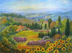 an oil painting of sunflowers and houses on a hillside with mountains in the background